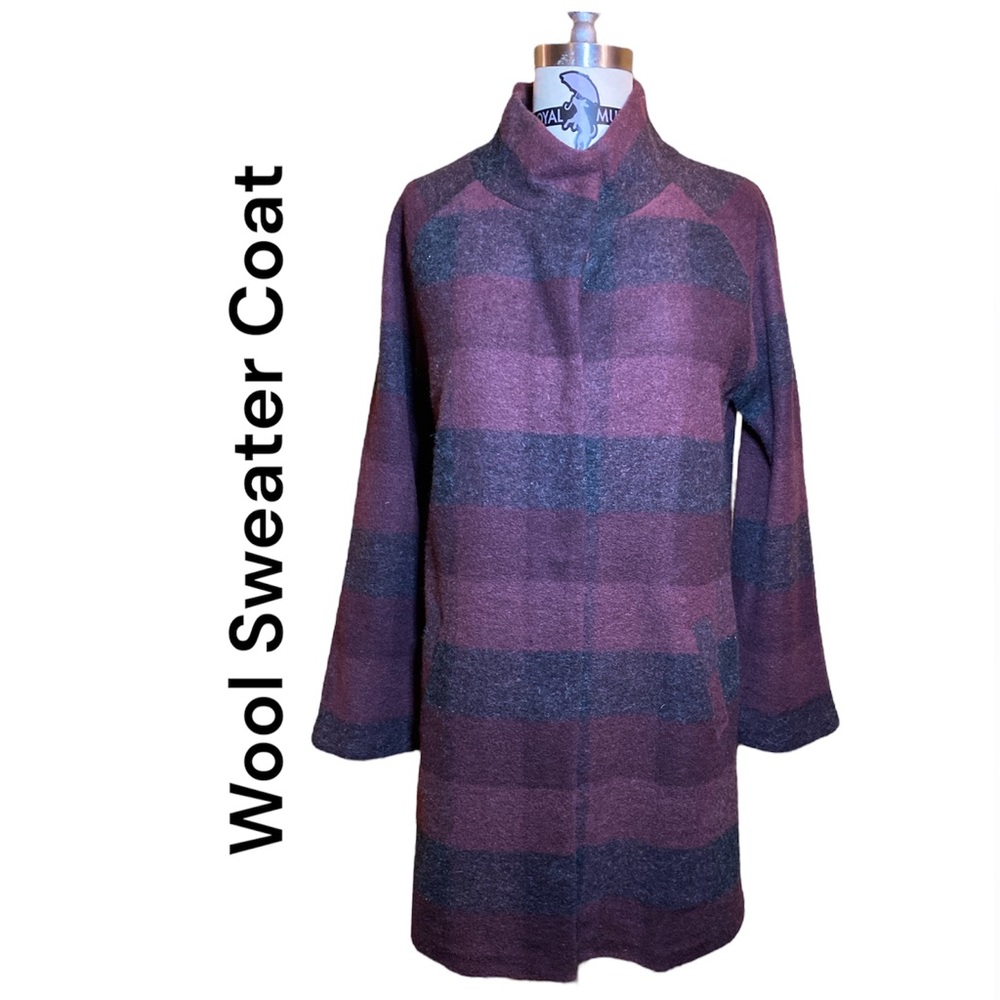 Long Sweater Coat Cardigan Jacket Snap Front with 2 pockets Purple Gray Medium